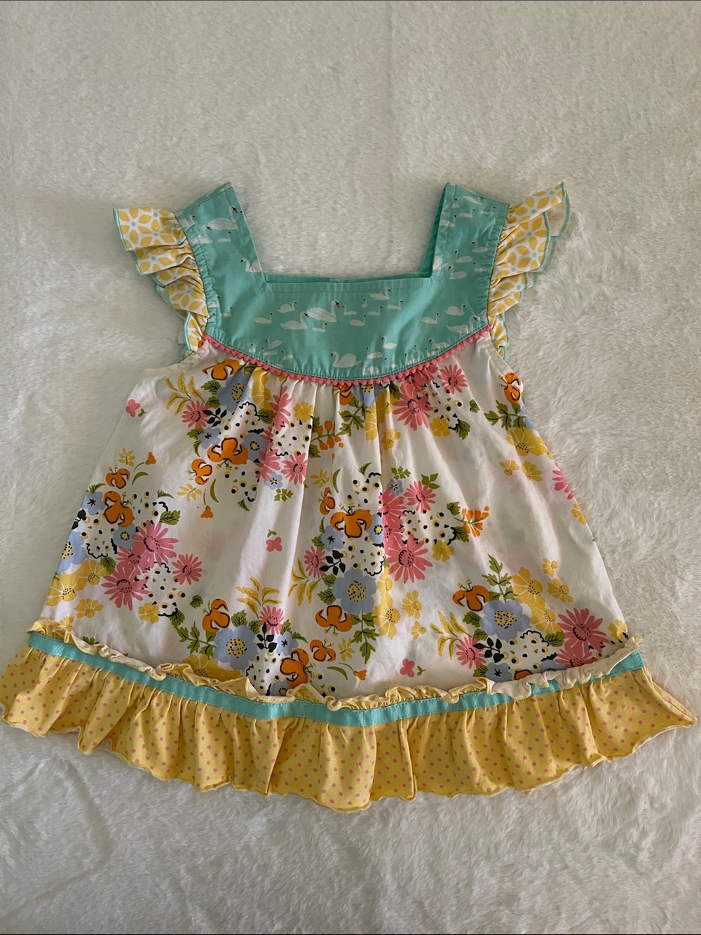 Matilda Jane Girls Floral Ruffle Tunic -Aqua, Yellow, White SZ 6